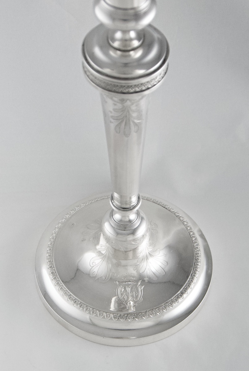 Consulate-empire Silver Candlestick By Ah Dubois, Paris 1798-1809, Armorial-photo-1