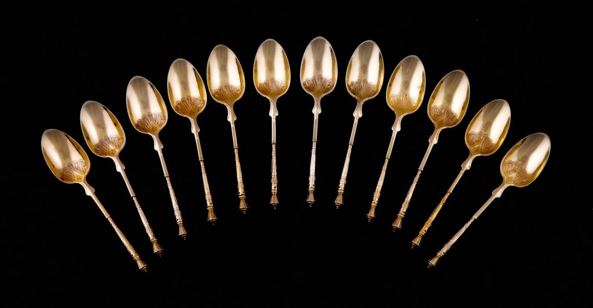 Suite Of Twelve Russian-style Tea Or Coffee Spoons By The Goldsmith Boyer-callot, Vermeil, 19th Century-photo-2