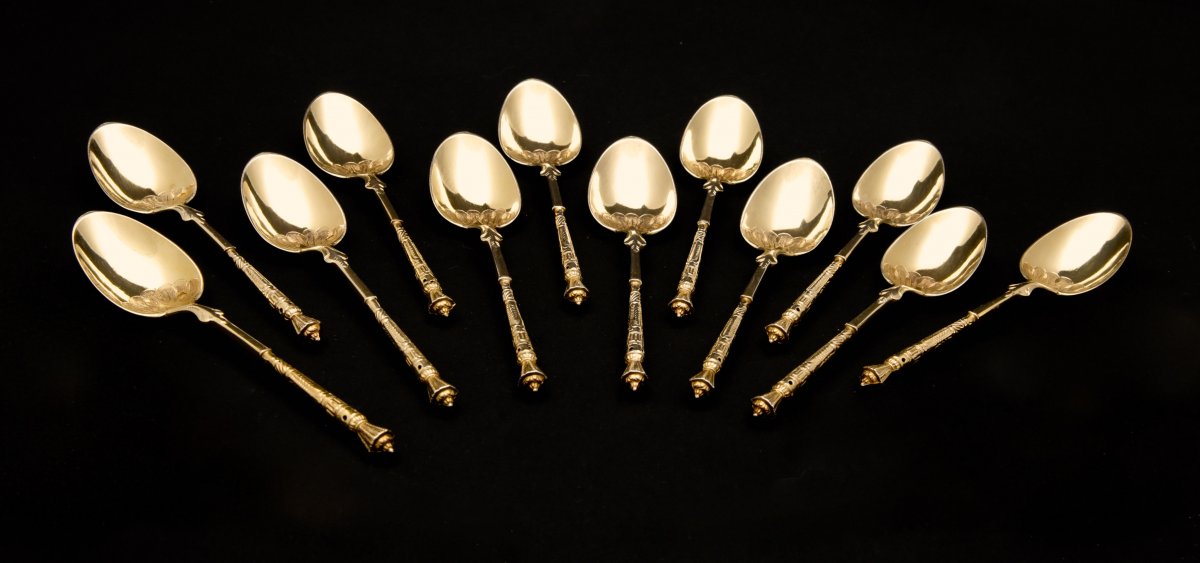 Suite Of Twelve Russian-style Tea Or Coffee Spoons By The Goldsmith Boyer-callot, Vermeil, 19th Century-photo-1