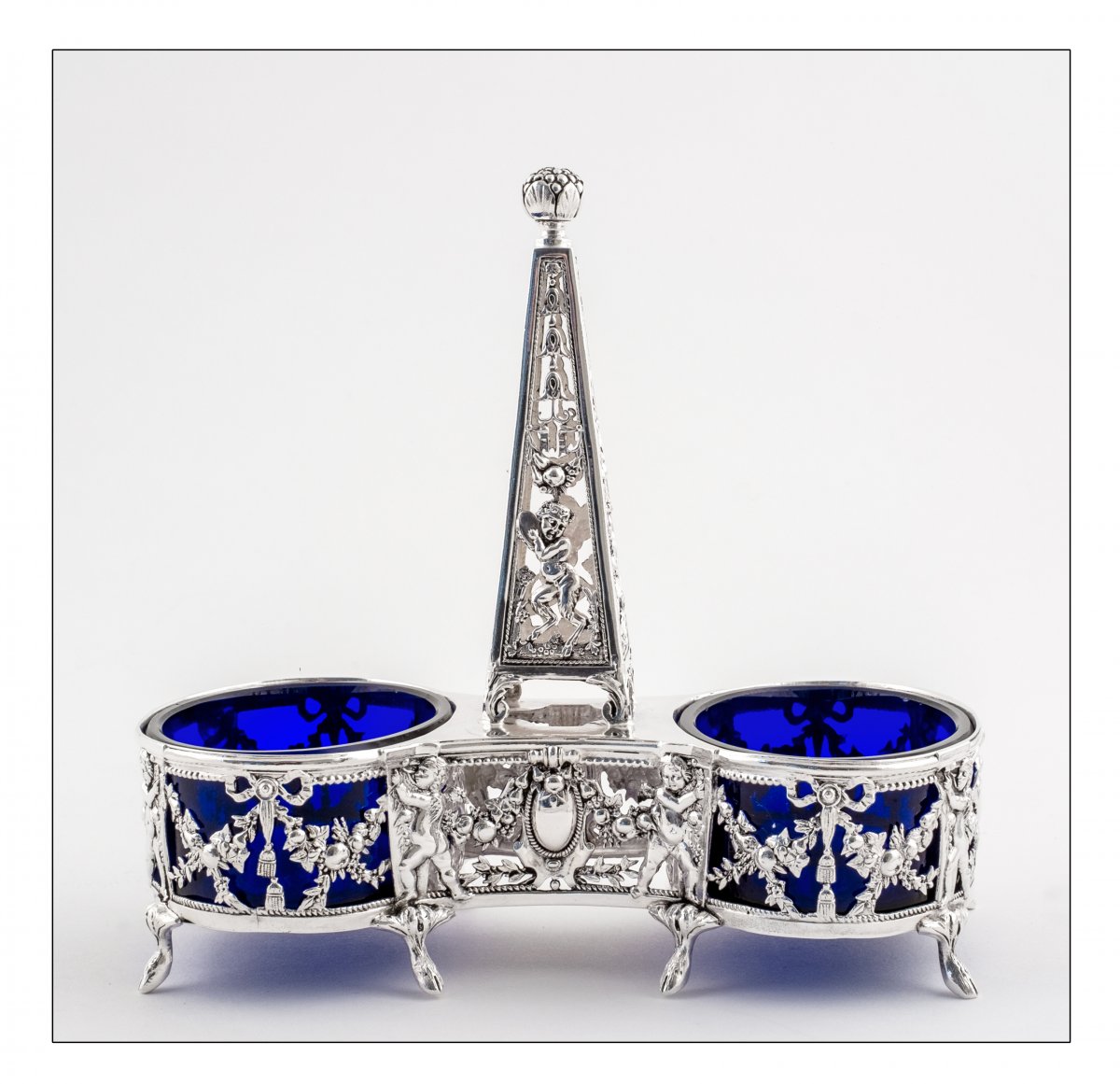 Double Salt Cellar With Obelisk By L. Lapar, Paris, Saltcellar In Solid Silver And Crystal-photo-1