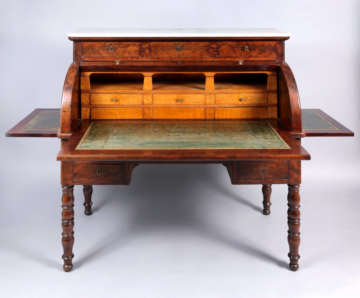 Large Mahogany And Mahogany Veneer Cylinder Desk, Restoration Period, 1st Third Of The 19th Century-photo-2