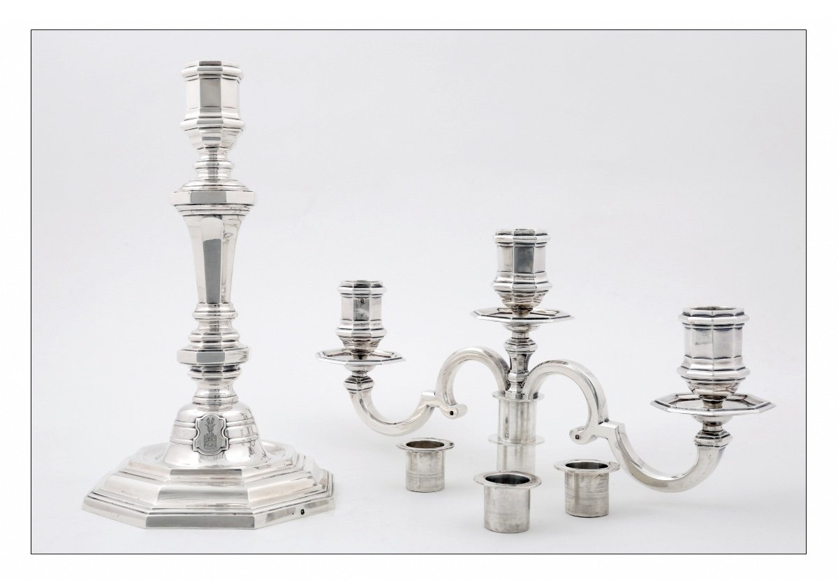 Pair Of Solid Silver Candelabra Convertible Into Candlesticks By É. Roger, Vischer Family Arms-photo-2