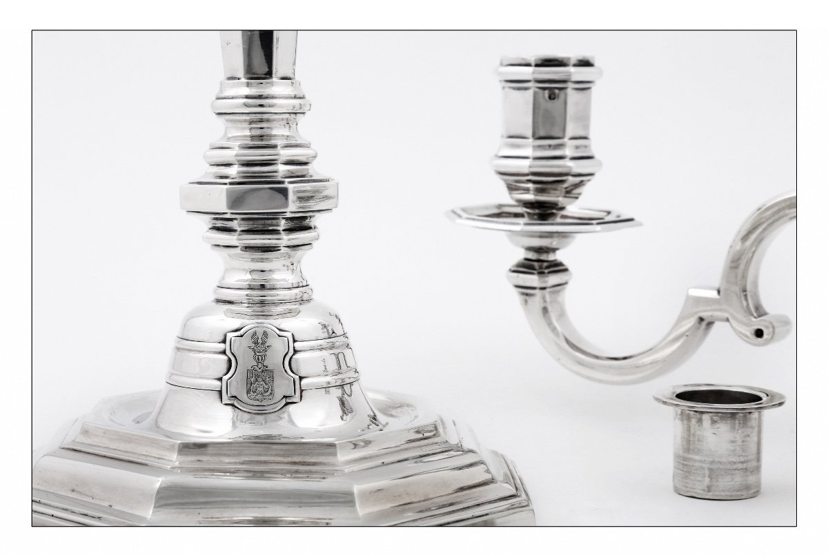 Pair Of Solid Silver Candelabra Convertible Into Candlesticks By É. Roger, Vischer Family Arms-photo-4