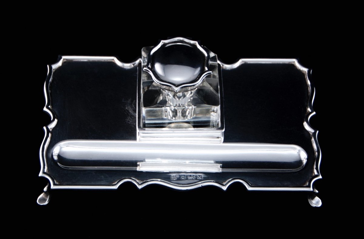 Birmingham 1911, Solid Silver And Crystal Inkstand By Barker Brothers, Georges V Period-photo-2