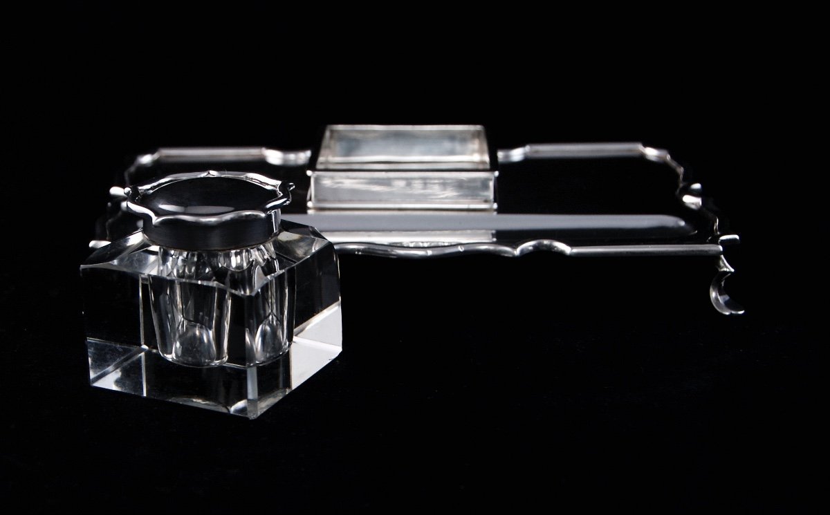 Birmingham 1911, Solid Silver And Crystal Inkstand By Barker Brothers, Georges V Period-photo-3