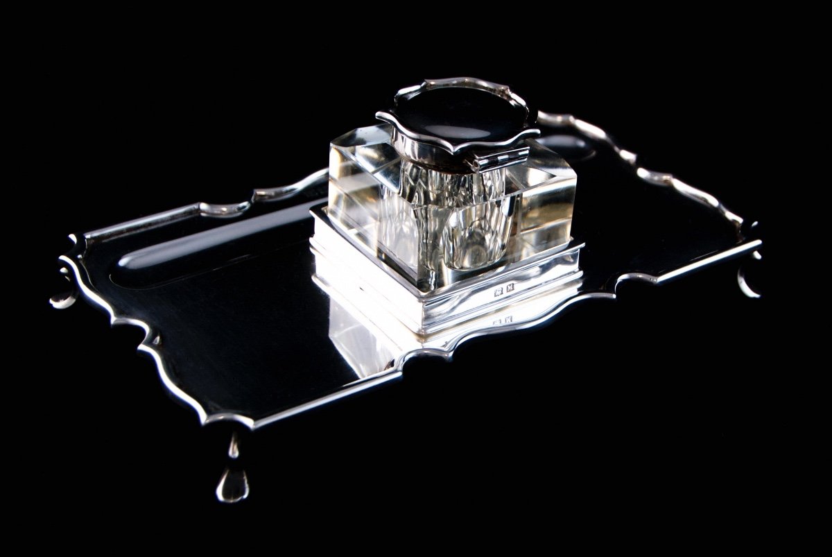 Birmingham 1911, Solid Silver And Crystal Inkstand By Barker Brothers, Georges V Period-photo-4