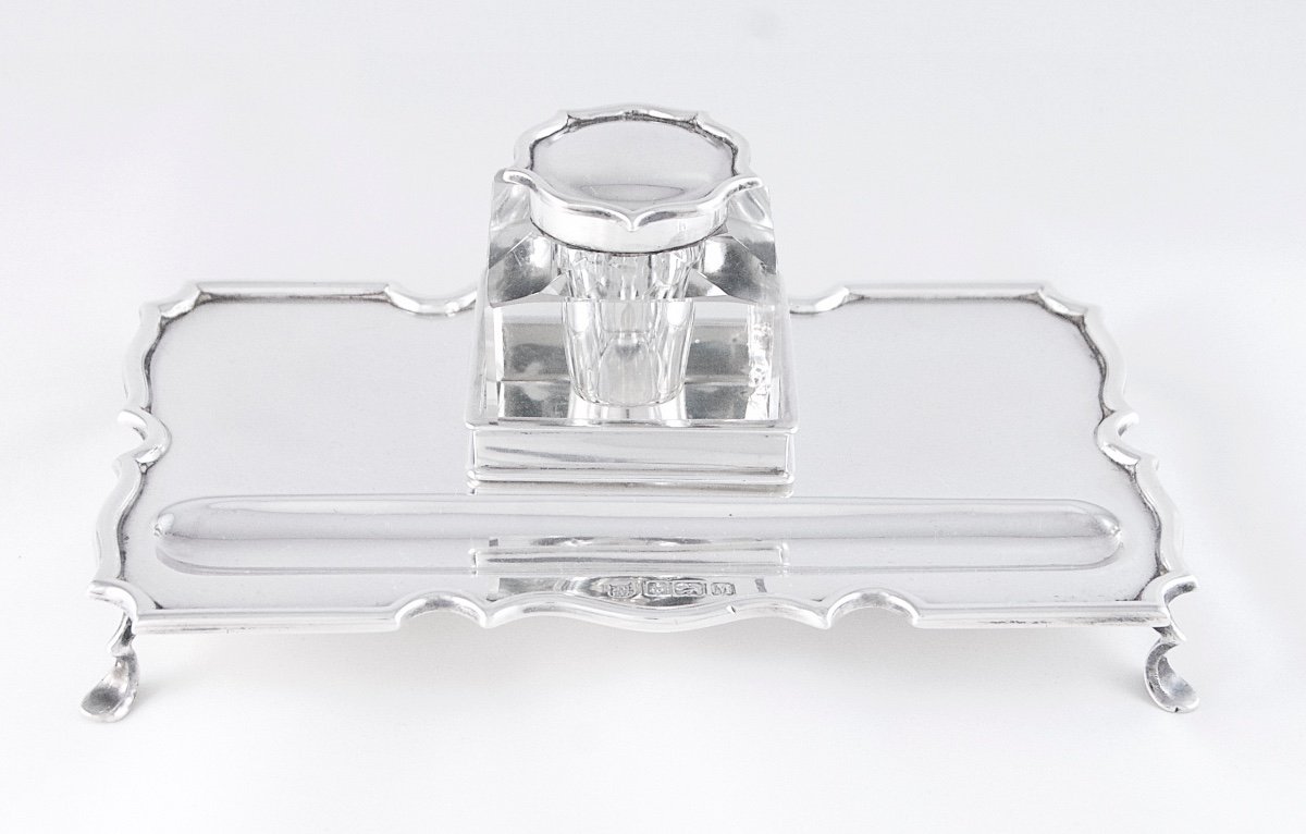 Birmingham 1911, Solid Silver And Crystal Inkstand By Barker Brothers, Georges V Period-photo-1