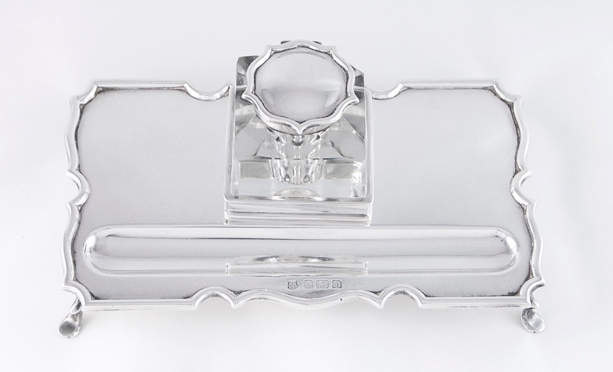 Birmingham 1911, Solid Silver And Crystal Inkstand By Barker Brothers, Georges V Period-photo-2