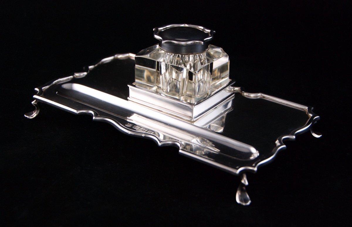Birmingham 1911, Solid Silver And Crystal Inkstand By Barker Brothers, Georges V Period