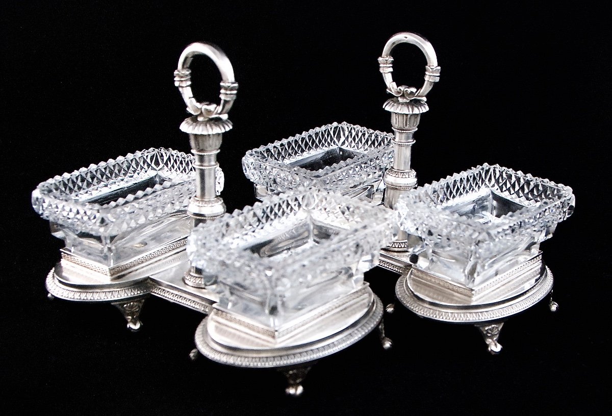 Paris 1819-1838 - Pair Of Double Salt Cellars In Solid Silver And Crystal, Louis XVIII Period-photo-1