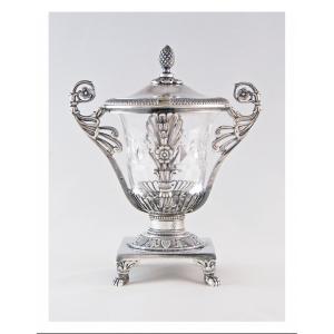 Paris 1819-1838, Mustard Pot In Solid Silver And Crystal At The Vieillard By Quentin Baschelet