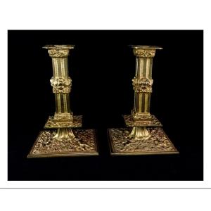 England - Pair Of Ormolu Torches Candlesticks "à La Financière"