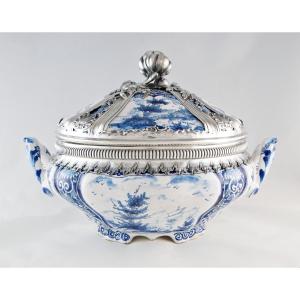 Delft, C.1759 - Louis XV Period Dish Mounted In Solid Silver, By Paulus Van Der Burch