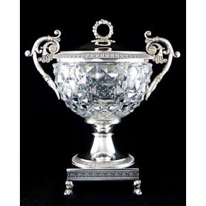 Solid Silver And Cut Crystal Drageoir, Louis XVIII Period, Paris 1819-1838, Boulanger Goldsmith