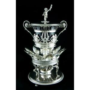 Paris 1809-1819 - Confiturier Empire et ses 12 cuillers en argent massif, Léonard CHATENET, Coq