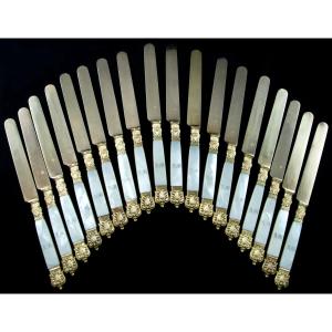 Paris 1834-1846 - 18 Mother-of-pearl And Vermeil Knives By P.f. Queillé, Louis-philippe Period