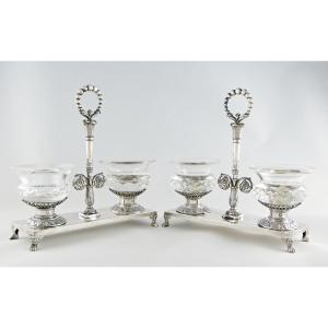 Paris 1819-1838 - Pair Of Solid Silver Double Salt Cellars By Q Baschelet, Vieillard Hallmark