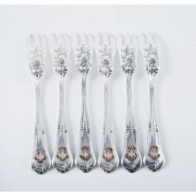 Cardeilhac,  Six Melon Forks In Sterling Silver And Pink Gold