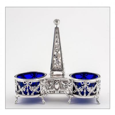 Double Salt Cellar With Obelisk By L. Lapar, Paris, Saltcellar In Solid Silver And Crystal