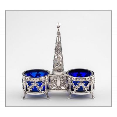 Double Salt Cellar With An Obelisk By Victor Boivin, Paris, Saltcellar In Solid Silver And Crystal