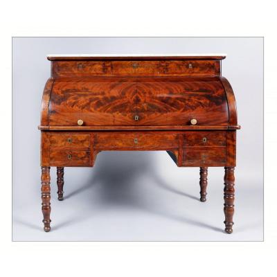 Large Mahogany And Mahogany Veneer Cylinder Desk, Restoration Period, 1st Third Of The 19th Century