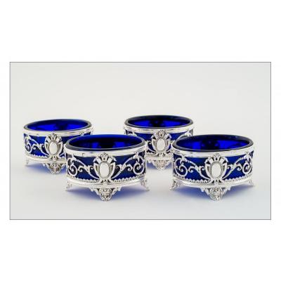 Set Of Four Oval Saltcellars By The Silversmith Fray Fils, Solid Silver, Paris, 1875-1891