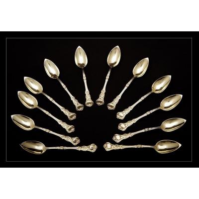 Sanoner Silversmith, Paris 1852-1868, 12 Teaspoons In Gilded  Solid Silver