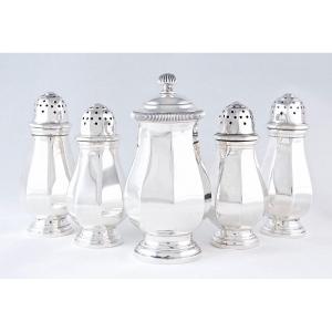 Lagriffoul & Laval Peugeot, Pepper Mill And 4 Salt Cellars In Solid Silver, Art Deco