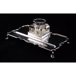 Birmingham 1911, Solid Silver And Crystal Inkstand By Barker Brothers, Georges V Period