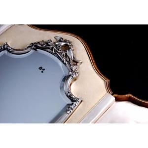 Shield Shaped Tabletop Mirror In Sterling Silver In Leather Case, C. 1900