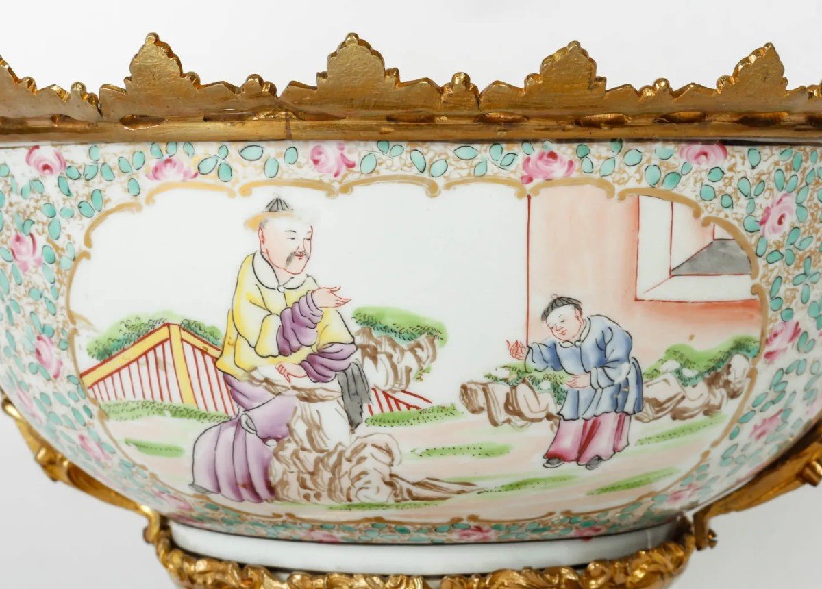 Coupe En Porcelaine de Canton Chinois, Monture En Bronze Doré -photo-3