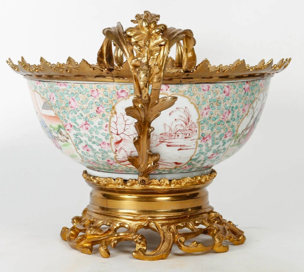 Coupe En Porcelaine de Canton Chinois, Monture En Bronze Doré -photo-4