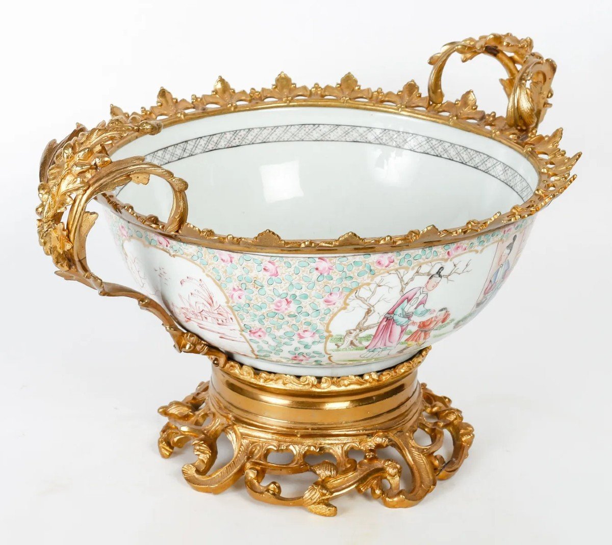 Coupe En Porcelaine de Canton Chinois, Monture En Bronze Doré -photo-2