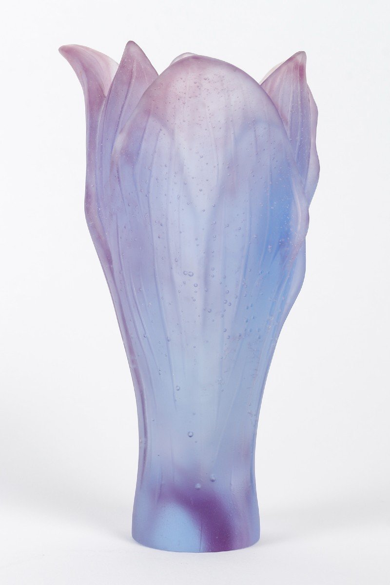 Beau Vase Daum En Pâte De Verre Violet, Signé -photo-2