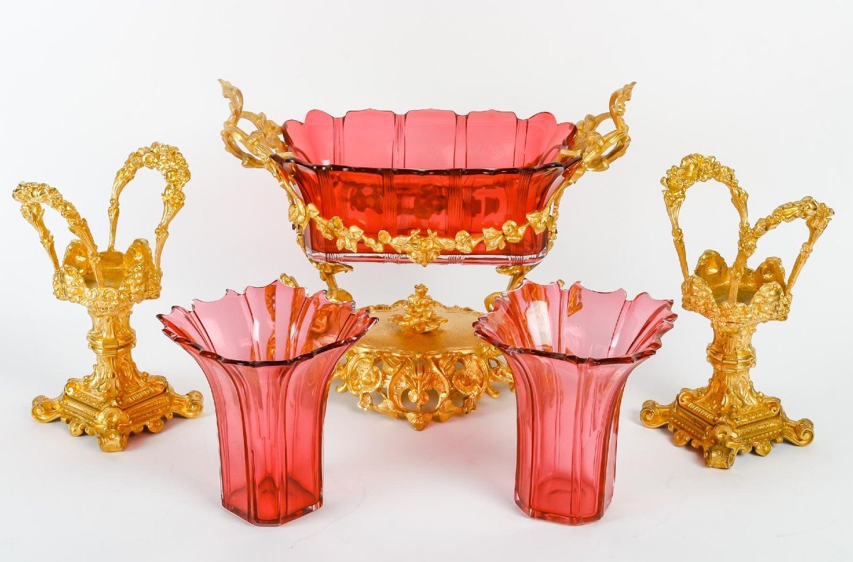 Très Importante Garniture En Cristal De Bohême Rouge, Monture En Bronze Doré-photo-4