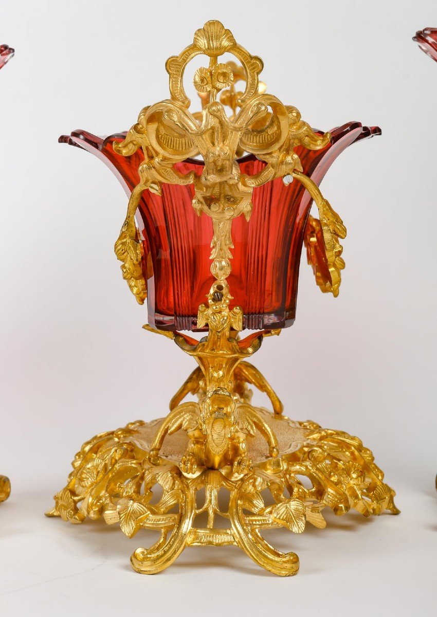 Très Importante Garniture En Cristal De Bohême Rouge, Monture En Bronze Doré-photo-1