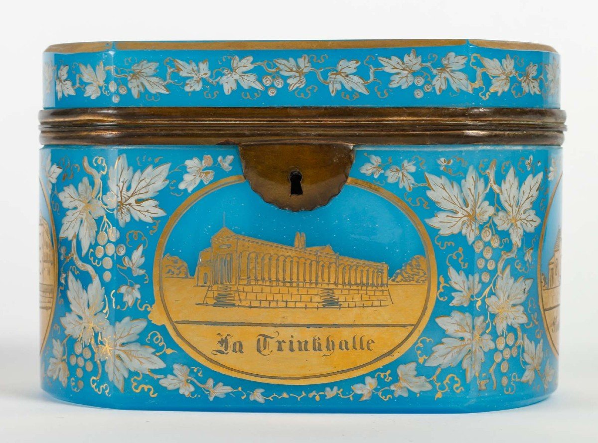 Magnificent Blue Opaline Box, Enameled Flower Decor All Around The Piece-photo-2