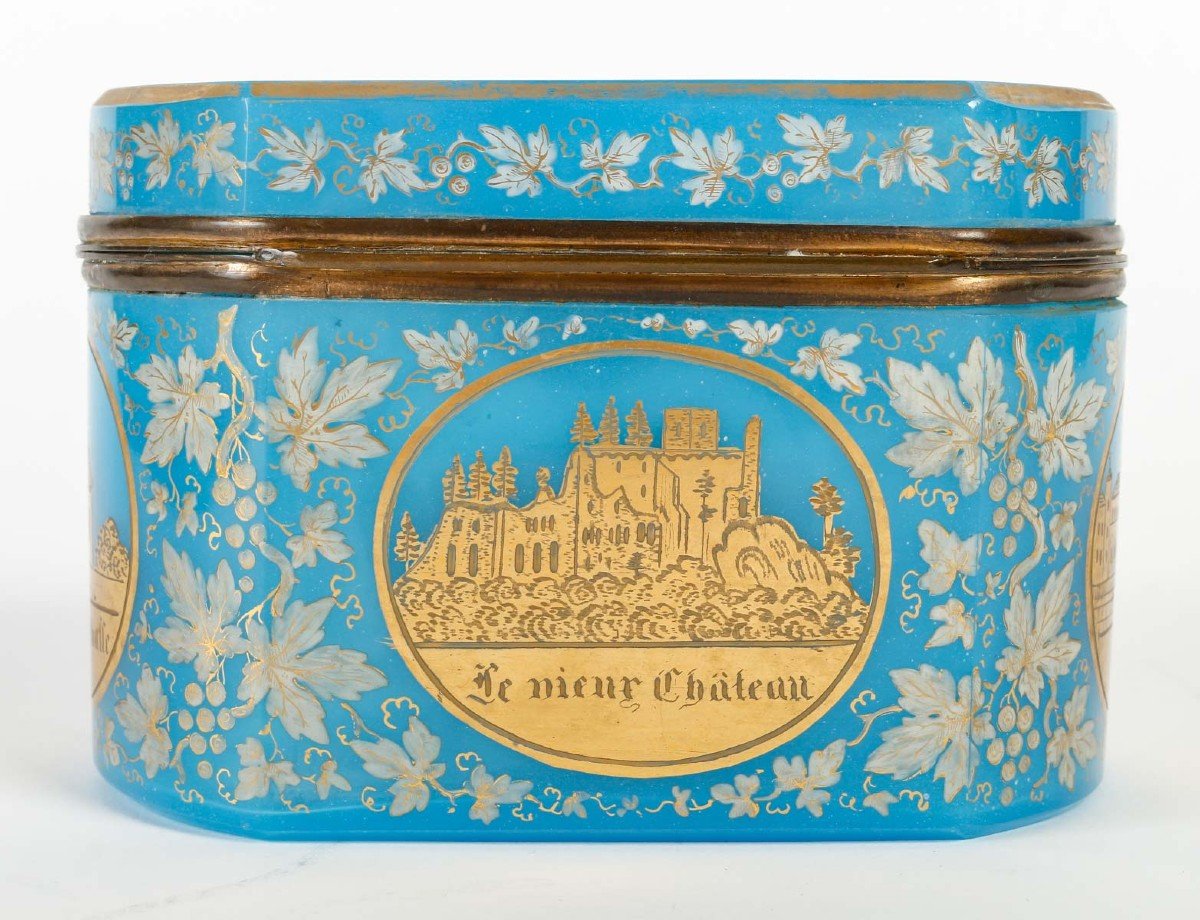 Magnificent Blue Opaline Box, Enameled Flower Decor All Around The Piece-photo-1