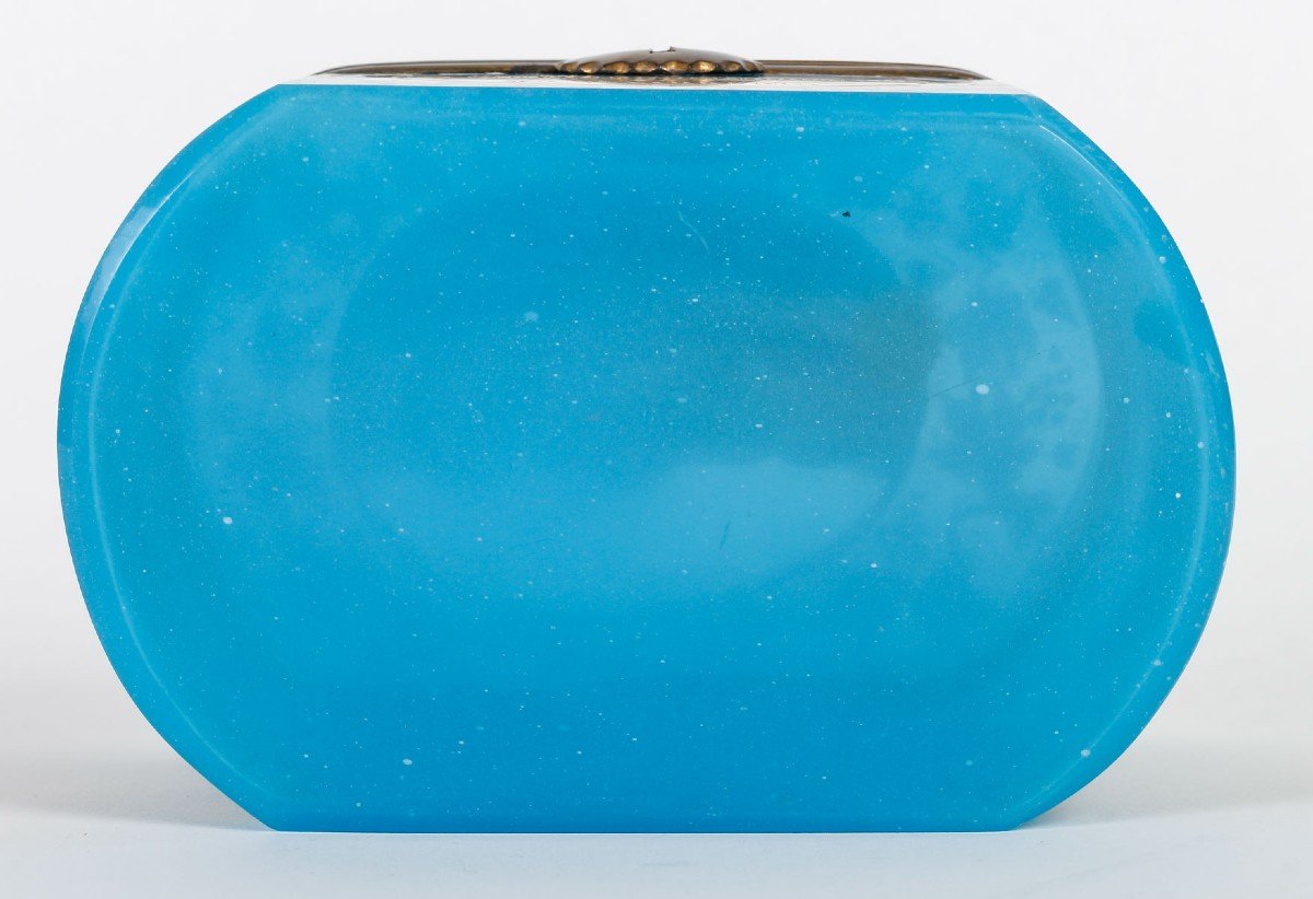 Magnificent Blue Opaline Box, Enameled Flower Decor All Around The Piece-photo-3