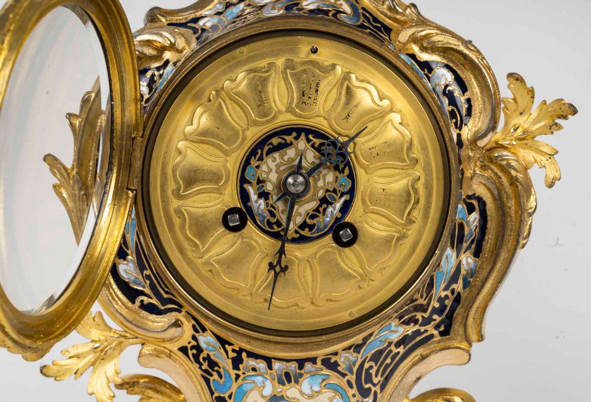Garniture De Cheminée En Bronze Doré Et émaux Cloisonnés, Style Louis XV, époque Napoléon III-photo-2