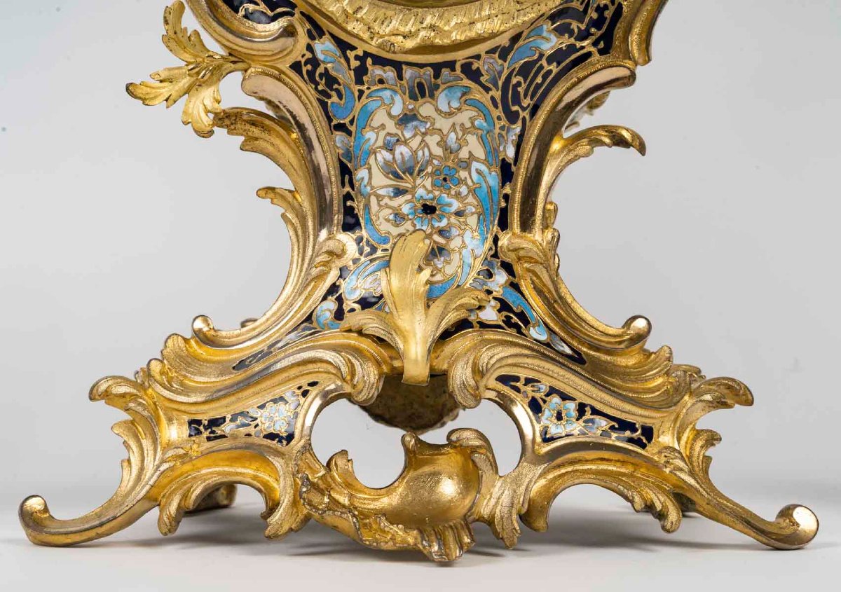 Garniture De Cheminée En Bronze Doré Et émaux Cloisonnés, Style Louis XV, époque Napoléon III-photo-3