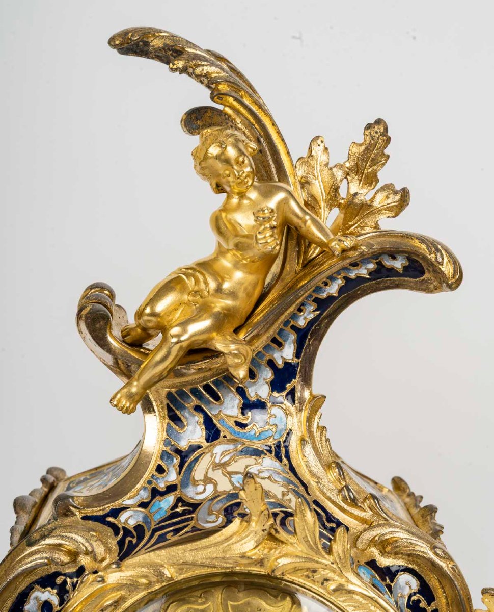 Garniture De Cheminée En Bronze Doré Et émaux Cloisonnés, Style Louis XV, époque Napoléon III-photo-4