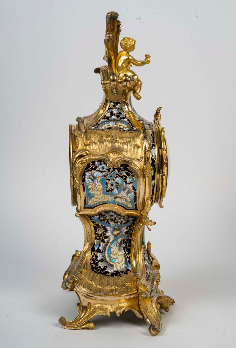 Garniture De Cheminée En Bronze Doré Et émaux Cloisonnés, Style Louis XV, époque Napoléon III-photo-1