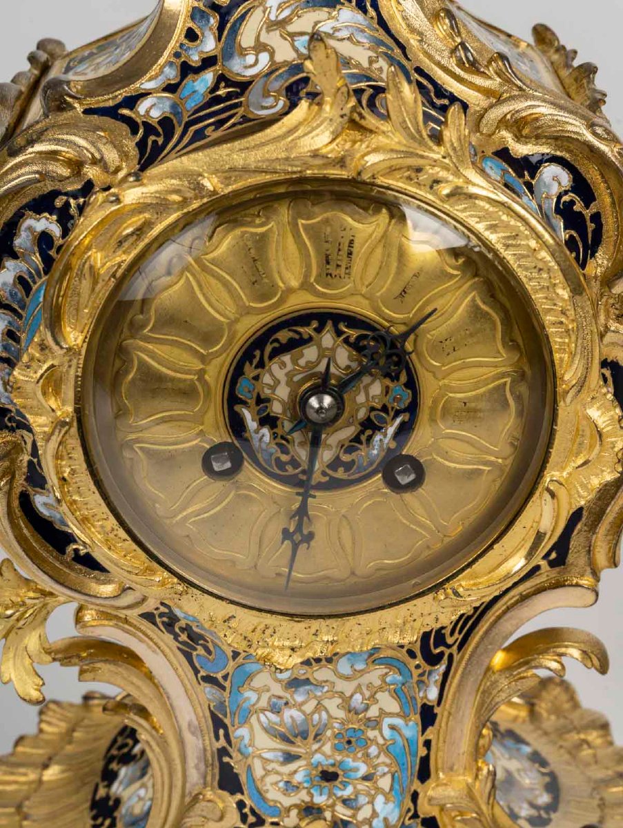 Garniture De Cheminée En Bronze Doré Et émaux Cloisonnés, Style Louis XV, époque Napoléon III-photo-3