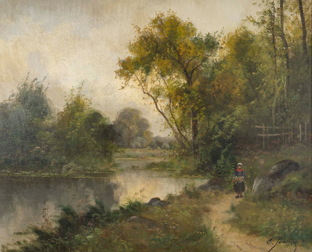  Pair Of Animated Landscapes, Oil On Canvas, 1881, Original Frames - émile Ballue (1820–1886)-photo-3