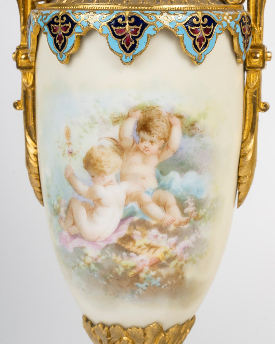 Pair Of Porcelain, Gilt Bronze, Champlevé Enamel And Marble Vases – Napoleon III Period-photo-2