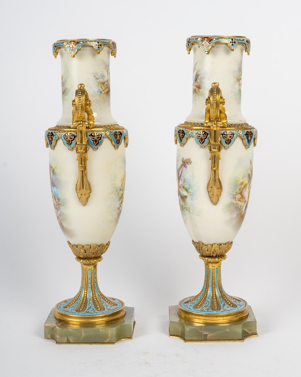 Pair Of Porcelain, Gilt Bronze, Champlevé Enamel And Marble Vases – Napoleon III Period-photo-3