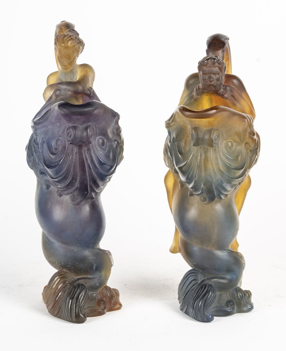 Pair Of Glass Pitchers Signed Daum France – Art Nouveau Allegorical Subject-photo-4