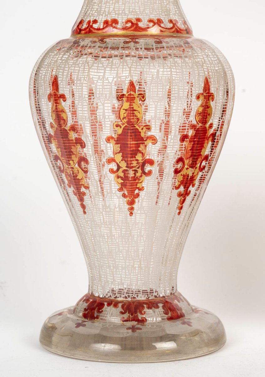 Pair Of Bohemian Crystal Vases With Enameled Decoration – Historicist Style, Late 19th Century-photo-2