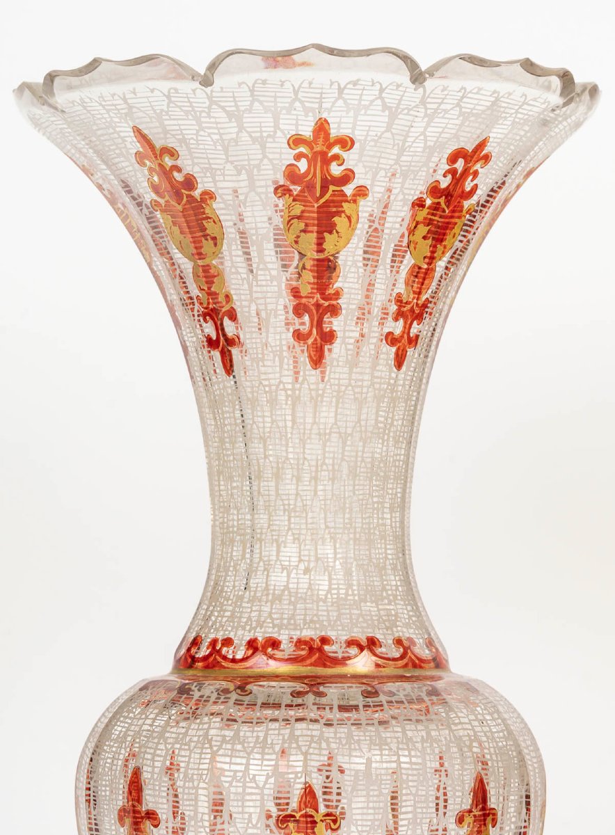 Pair Of Bohemian Crystal Vases With Enameled Decoration – Historicist Style, Late 19th Century-photo-3